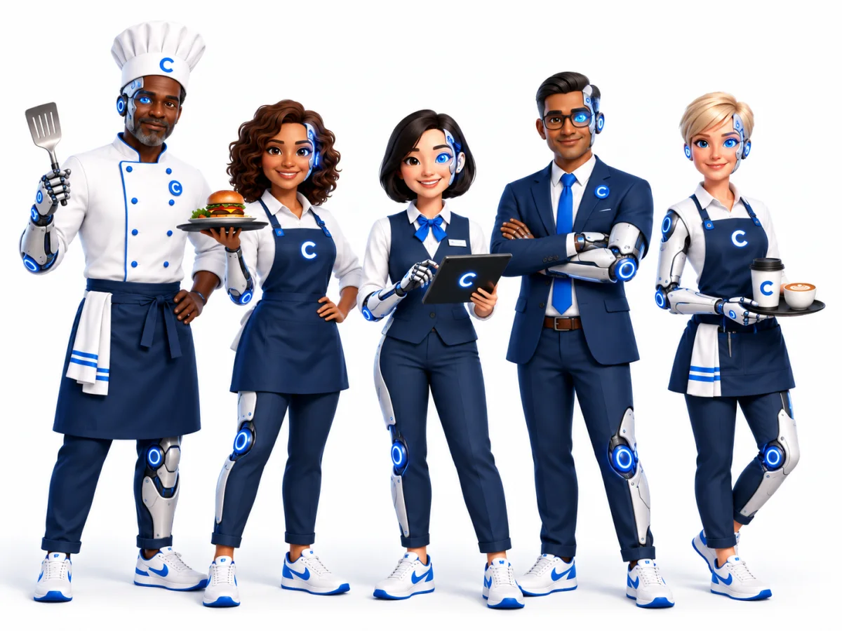 Carima's AI restaurant team: a chef, a server, a host with a tablet, a manager and a barista