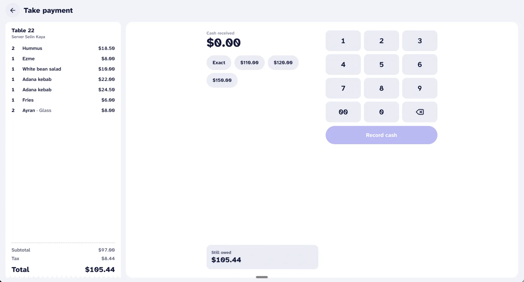 Cash payment screen with quick amounts, a number pad and the balance still owed